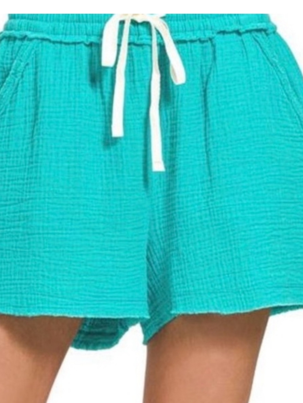 Zenana Women's Light Teal Double Gauze Cotton Shorts w/Drawstring Sz S,M,L New